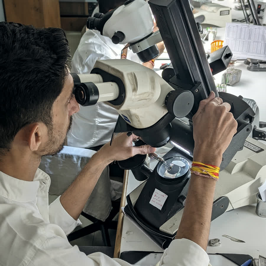 Inspecting a grown diamond under the microscope