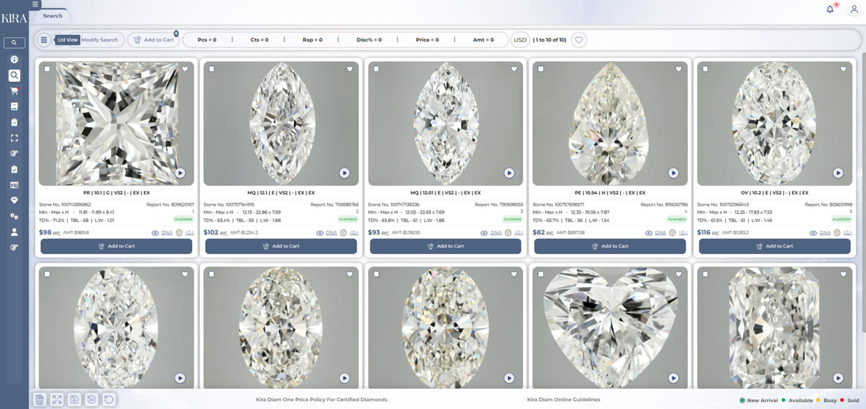 KIRA portal, search results of certified laboratory grown diamonds